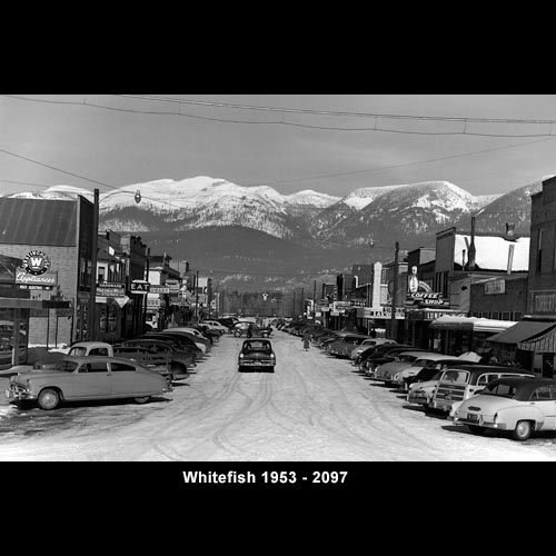 Historical Whitefish in Black and White with Mountains in the Background